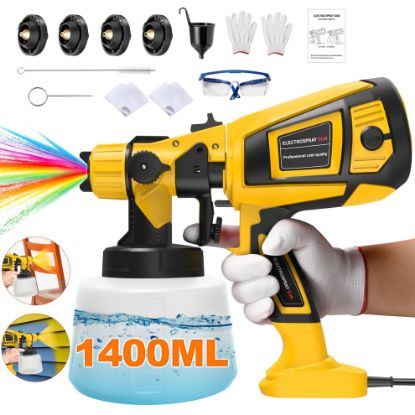 Picture of TNTANTS Paint Sprayer 1400ml Large Container, 550W HVLP Electric Spray Paint Gun with 4 Nozzles 3 Spray Patterns for House Painting, Home Interior and Exterior(Yellow)